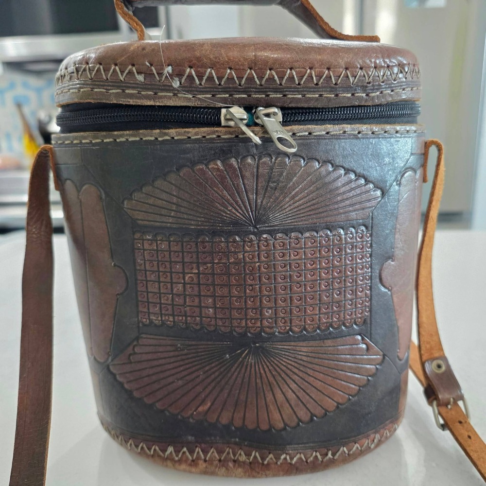 Vintage Tooled Leather Crossbody Bag Boho Western Camera Case Purse Brown